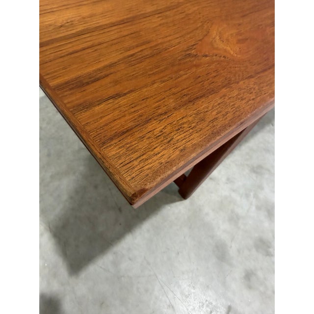 Large Mid Century Modern Danish Teak Bench With Pull Out Tray For Sale - Image 9 of 12