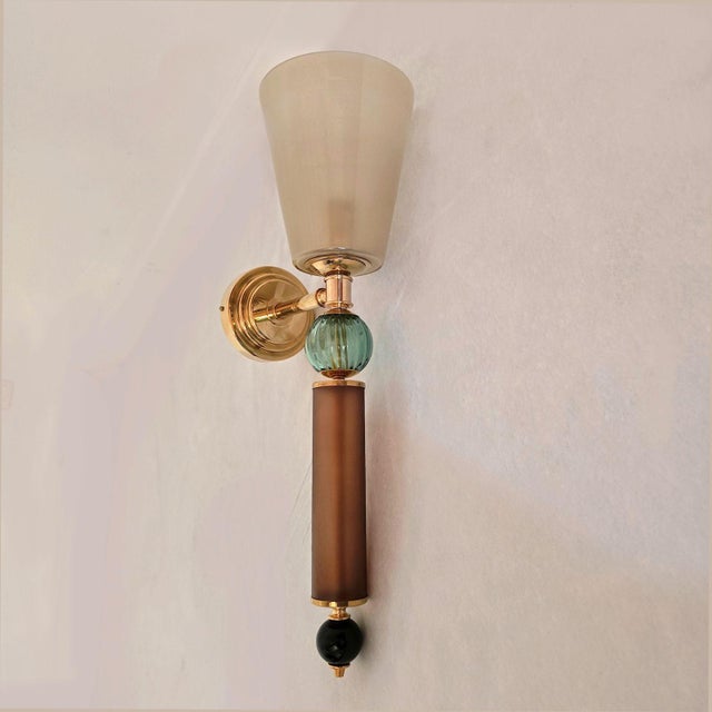 1990s Tobacco, Aqua Blue Murano Glass Sconces For Sale - Image 4 of 11