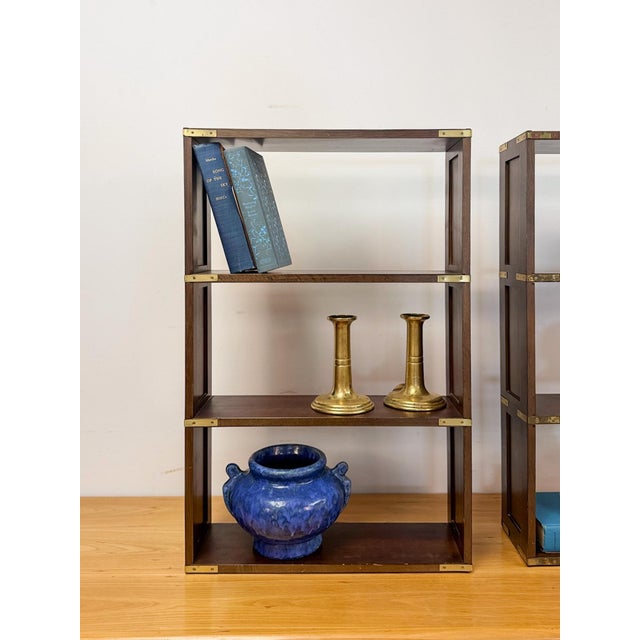 Brown Bombay Company Campaign Style Shelf Pair Brass Trim Vintage Traditional For Sale - Image 8 of 18