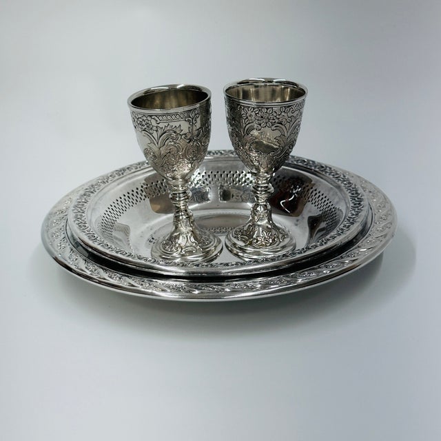Late 20th Century Late 20th Century Baroque Silver Plated Mini Goblets Set of 2 With Serving Trays - 4 pcs For Sale - Image 5 of 12