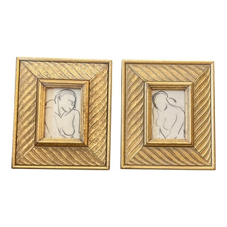 1940’s 2 Original Matisse Style Miniature Abstract Charcoal Female Nude Drawings-A Pair For Sale