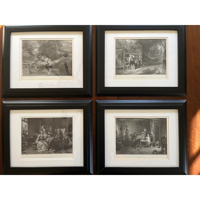Four framed and double-matted antique etchings: “Playmates”, “Rustic Civility”, “The White Cockade”, and “The Dog and...