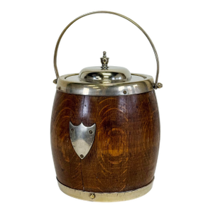 Antique English Oak Biscuit Barrel With Silver Lid and Handle
