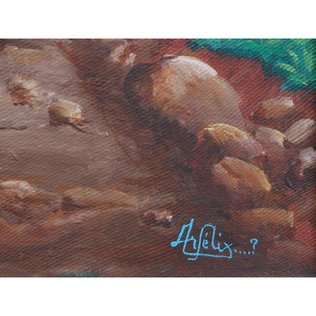 Modern realist green and brown toned landscape painting by Haitian artist Felix Deournoy. The work features a group of...