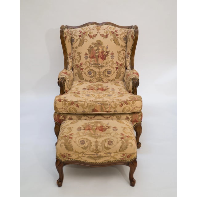 Two Chairs and two ottomans. This 20th-century French bergère elegantly embodies the Louis XV style, characterized by its...