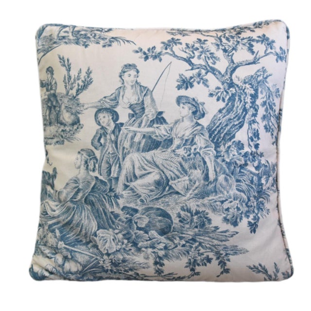 Textile French Blue Countryside Pastoral Toile Feather/Down Double Sided Pillow For Sale - Image 7 of 7