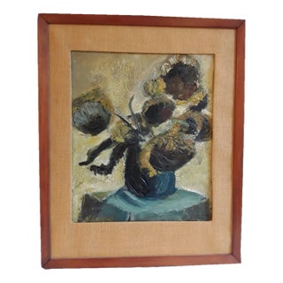 Norbert Louis, Vase with Sunflowers, 1949, Original Oil on Cardboard, Framed For Sale