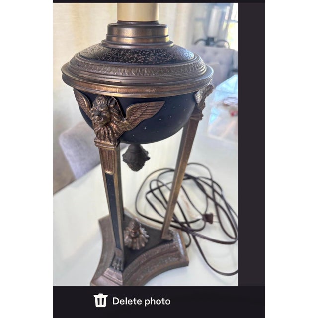 Black Vintage Neoclassical Black & Brass Tripod Table Lamp With Pinecone Finial For Sale - Image 8 of 9