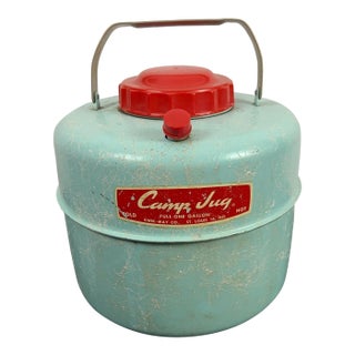 Retro 1950's Camp Jug Kwik-Way MFG Co St Louis Mo Vintage Aqua Blue and Red For Sale