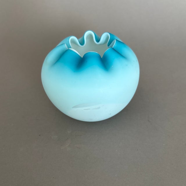 Vintage Aqua and White Ruffled Satin Glass Vase 4” For Sale - Image 4 of 8
