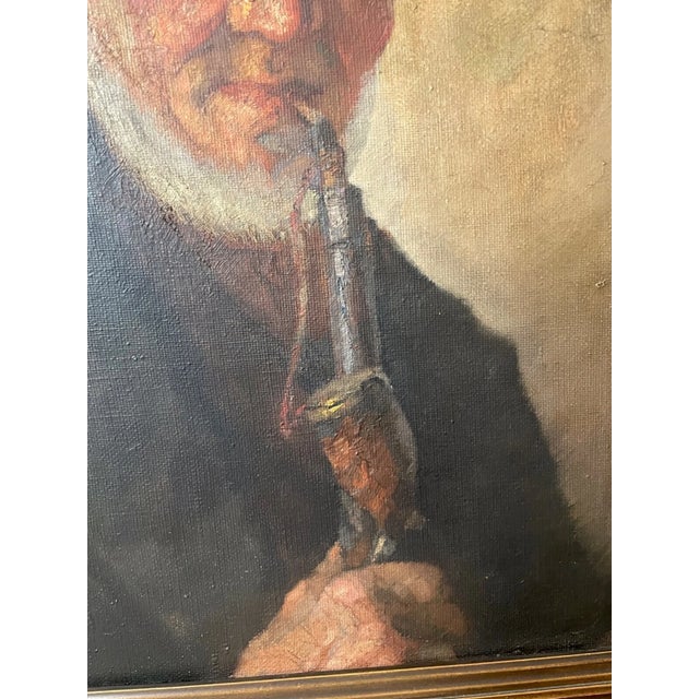 Antique H Glass Elder Man Expressionism Smoking Pipe Oil Painting Portrait 1800s For Sale - Image 13 of 13