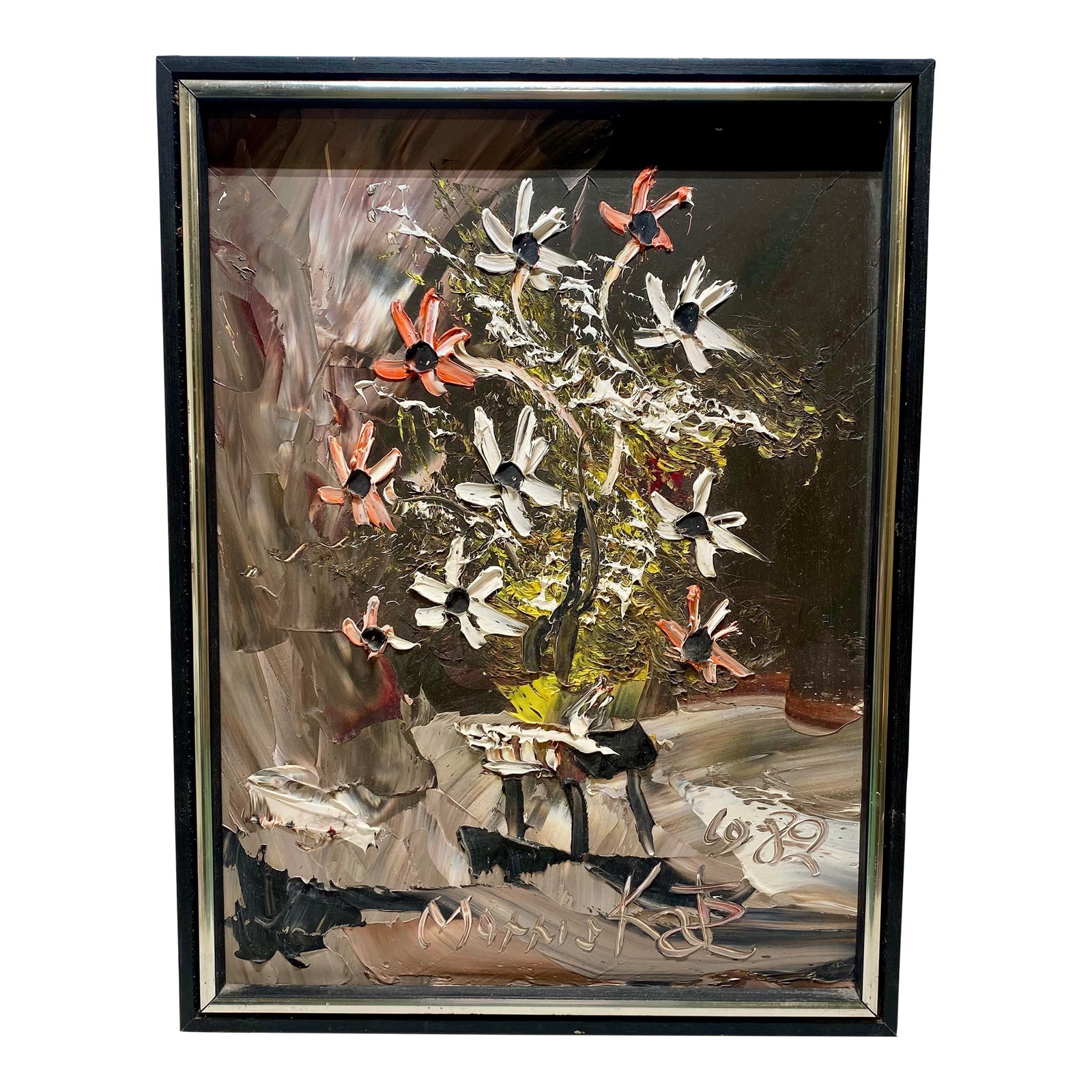 1982 Signed Morris Katz Red White Flowers Oil on Board Painting