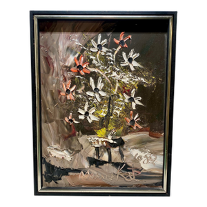 1982 Signed Morris Katz Red White Flowers Oil on Board Painting
