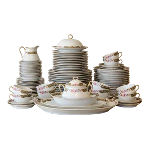 Antique Bassett Limoges Gold Scroll Floral Border Dinnerware Set - 90 Pieces