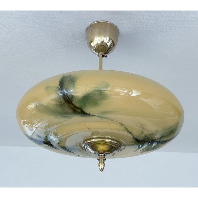 Metal Art Deco Pendant Light in Amber Green Marble Glass, 1930s For Sale - Image 7 of 18