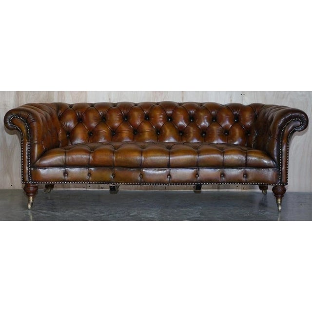 Victorian Exceptionally Rare Pair of Fully Restored Antique Howard & Sons Berners Street Leather Chesterfield Sofas For Sale - Image 3 of 18