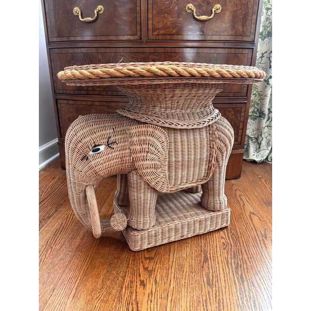 Vintage 1970’s Natural Wicker Elephant Tractable With Attached Glass Top Tray, Made in Hong Kong For Sale - Image 6 of 11