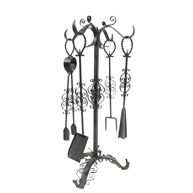 Mid 20th Century Vintage 5 Pc. Wrought Iron Fireplace Tool Set in the Spanish Style For Sale - Image 5 of 8