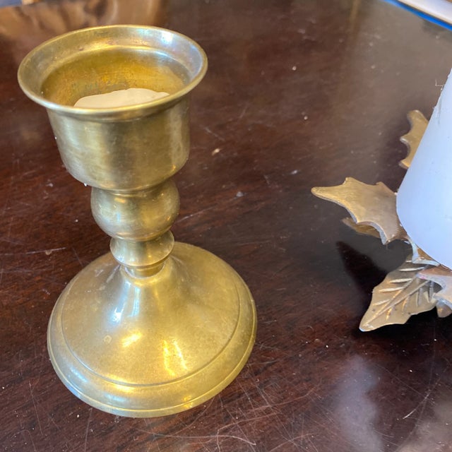 1970s Brass Candleholders & Candle - Set of 3 For Sale - Image 4 of 5