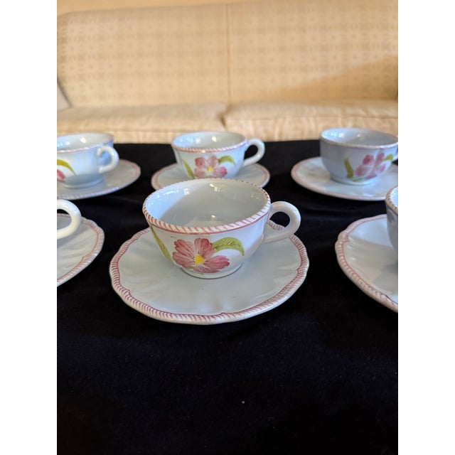 Vintage Hand Painted Majolica Cantagalli Firenze Italian Coffee Pot, Sugar and Creamer and Cups and Saucers. Set of 6. Rare. For Sale In New York - Image 6 of 11