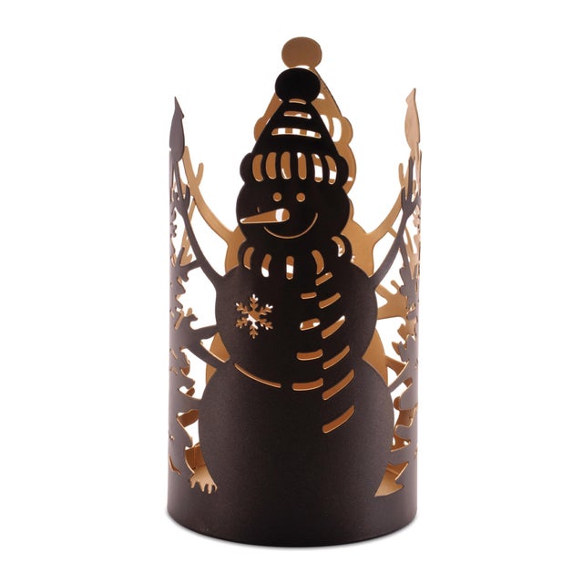 Kenneth Ludwig Chicago Cut Metal Snowman and Cabin Candle Holder (Set of 2) For Sale - Image 4 of 6