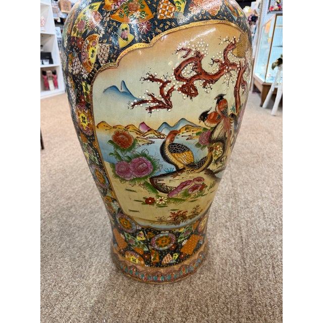 Vintage Japanese Satsuma Moriage Style Embossed Hand Painted Floor Vase 37in For Sale - Image 4 of 8