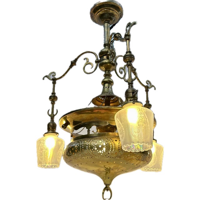 Vintage 4-Light Mughal-Style Pierced Brass Chandelier With Crescent Motif For Sale - Image 4 of 12