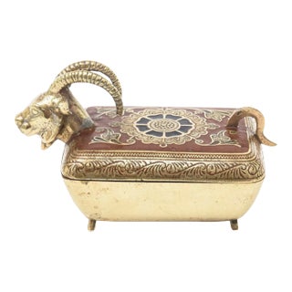 Vintage Brass Rams Head Hinged Small Box With Enamel Design For Sale