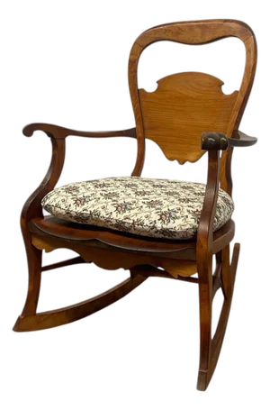 1970s Victorian Style Solid Wood Rocking Chair With Carved Arms and Floral Cushion