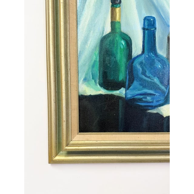 Vintage Original Oil Painting Still Life Bottles Jugs, Framed Art, Canvas, Blue For Sale - Image 10 of 11