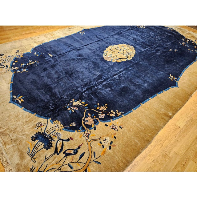 Textile Antique Art Deco Chinese Oversized Rug, Handwoven Wool, Cranes & Butterflies Design, Navy & Tan, 14' X 19' For Sale - Image 7 of 17