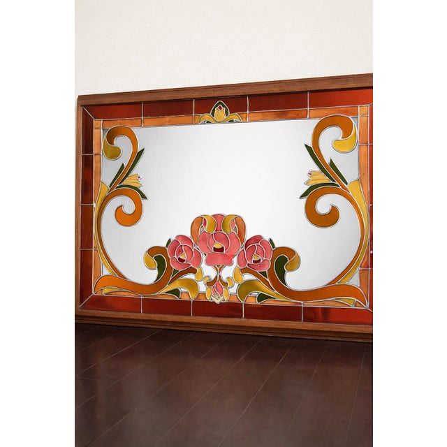 Vintage Artglas Reverse Painted Mirror — Art Nouveau Floral Panel, Hollywood Regency Statement, 1970s For Sale - Image 4 of 12
