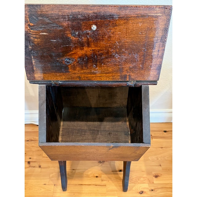 Antique Primitive Sewing Cabinet – Slant-Lid Yarn & Thread Box on Stand For Sale In Los Angeles - Image 6 of 12