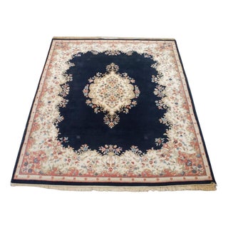 Large Vintage Dark Blue and Pink Kirman Rug For Sale
