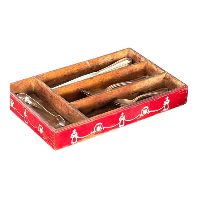 Vintage Wooden Tray Cutlery Box Folk Art For Sale