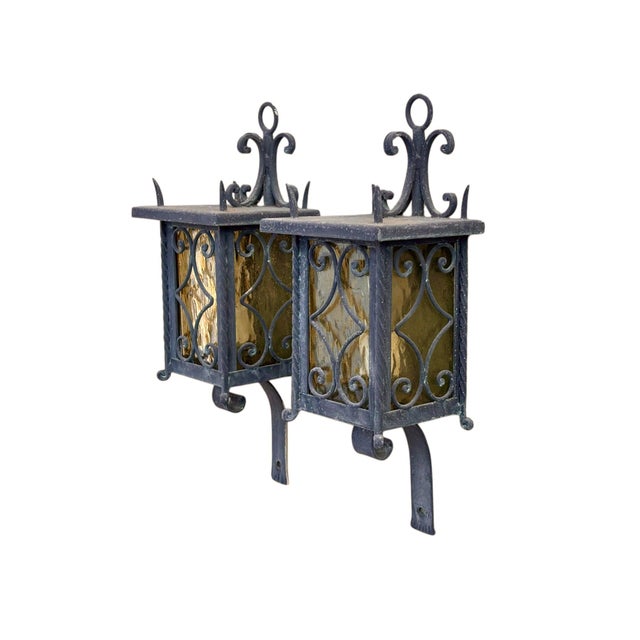 Renaissance 1950's Italian Wrought Iron Exterior Wall Lanterns, a Pair For Sale - Image 3 of 9