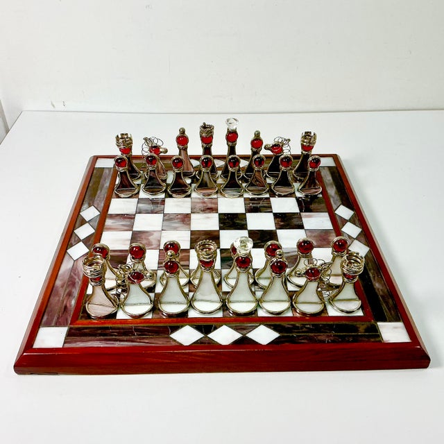 Frank Lloyd Wright 1950s Vintage Frank Lloyd Wright Arts & Crafts Boho Chic Stained Glass Chess Set - Set of 33, Atrributed For Sale - Image 4 of 18