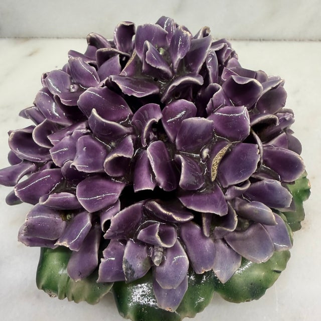 Early 21st Century Antique French Purple Violet Porcelain Flower Bouquet With Green Leaves For Sale - Image 5 of 6