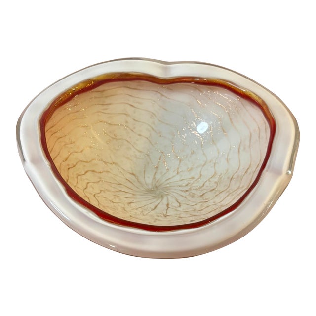 Vintage Murano Art Glass Bowl, Gold Flake White Cased Italian Centerpiece For Sale
