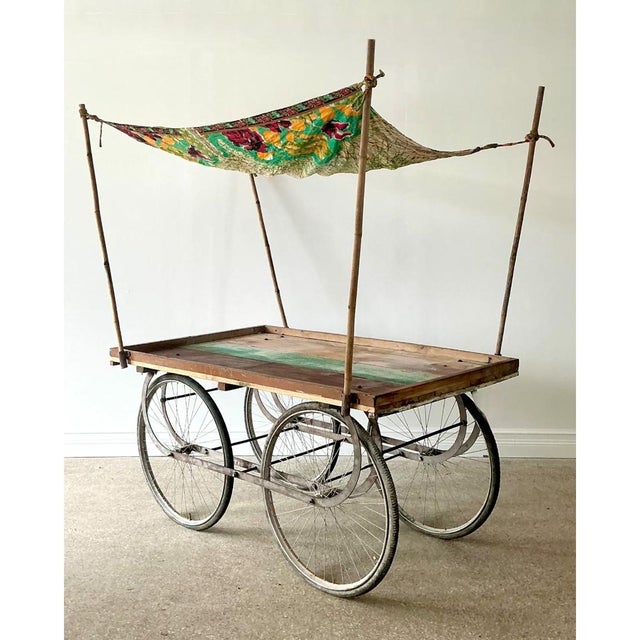 Mid 20th Century Vintage Wooden Market Cart With Fabric Canopy For Sale - Image 5 of 12