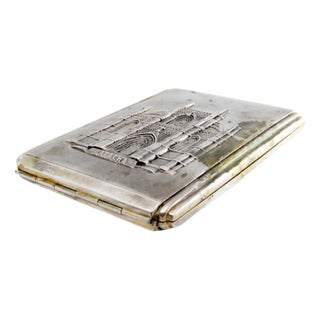Matte Silver Cigarette Case with Batalha Monastery in High Relief and Gilt Interior For Sale