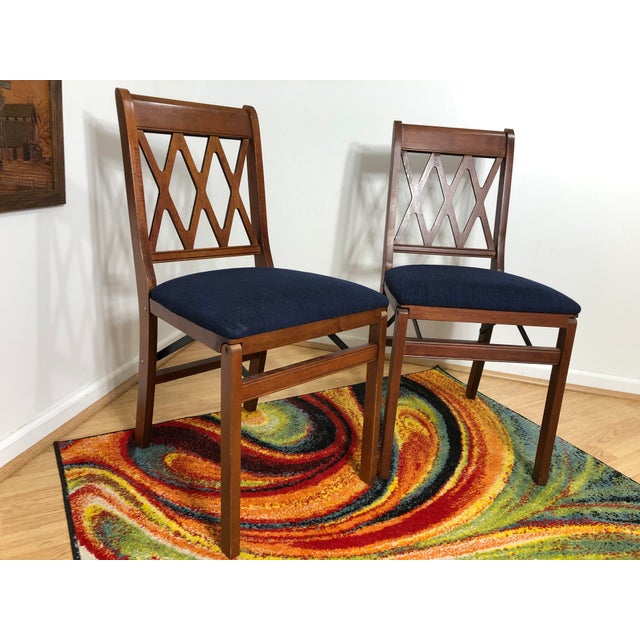 Traditional Stakmore Lattice Back Styled Indoor Folding Chairs with Blue Upholstery - a Pair For Sale - Image 3 of 9