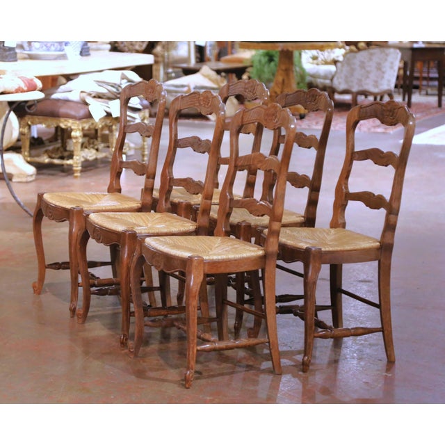Set of Six French Ladder Back Oak Dining Chairs With Rush Seat From Normandy For Sale - Image 4 of 14
