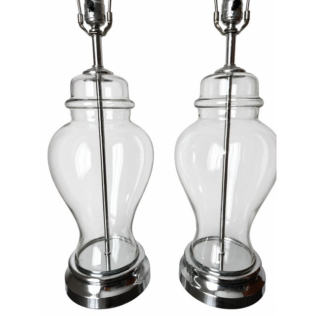 Late 20th Century Clear Glass Baluster Table Lamps With Chrome-Tone Bases - Pair For Sale - Image 12 of 14