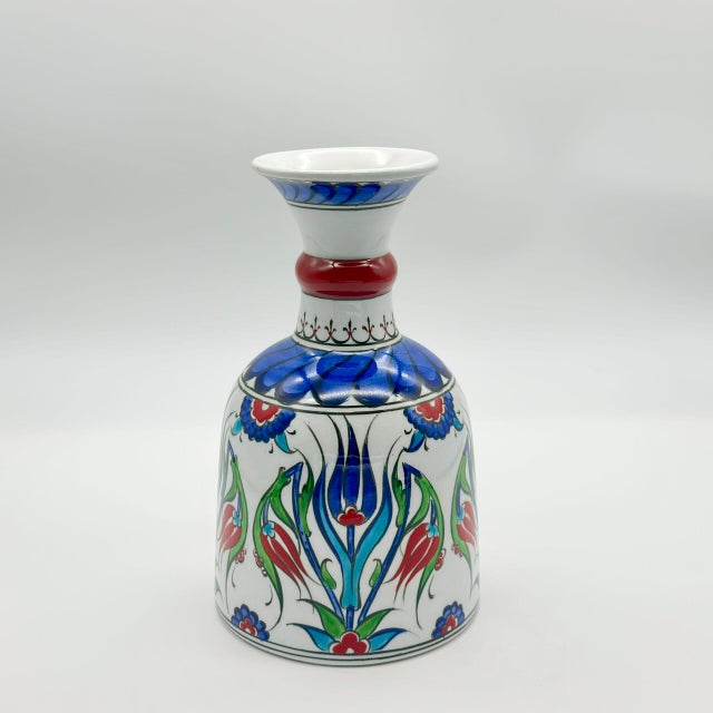 White Handmade Ceramic “Bell” Vase (20cm) – Blue Tulips & Red Neck Ring – Traditional Bell Form For Sale - Image 8 of 9