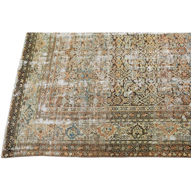 Shabby Chic Antique Brown Malayer Handmade Allover Motif Shabby Chic Wool Rug For Sale - Image 3 of 11