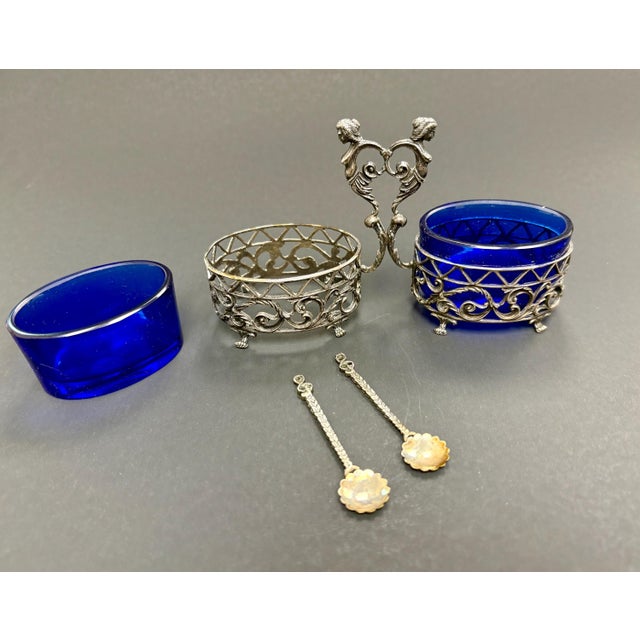 Metal Antique French Silver & Cobalt Blue Glass Salt Cellars With Serving Spoons – Art Nouveau Table Decor, Saleron Pair For Sale - Image 7 of 7