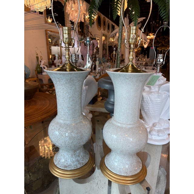 Vintage Palm Beach Crackle Glaze Porcelain & Brass Table Lamps Newly Wired - a Pair For Sale - Image 11 of 12