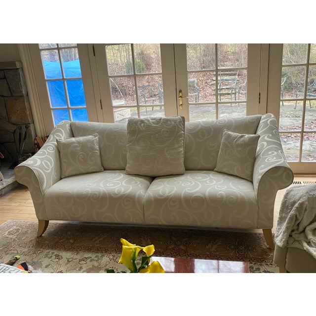 1990s Contemporary White Fabric Sofa With Swirl Pattern, Blond Wood Curved Legs For Sale - Image 5 of 8