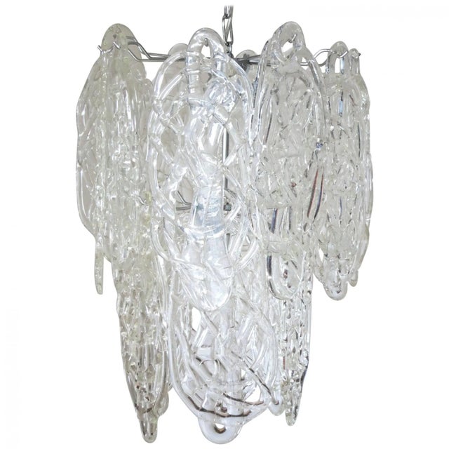 Original Vintage Italian Chandelier W/ Clear Murano Glass Blown in Intricate Cobweb-Like Pattern. Designed by Vistosi Circa 1960’s For Sale In Los Angeles - Image 6 of 6
